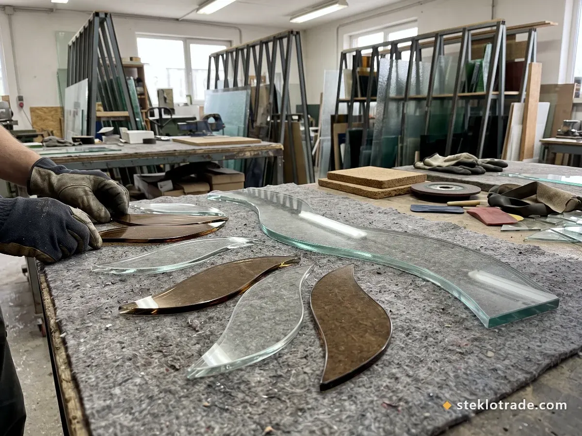 Декоративные детали плавных контуров — волна и лепестки — из прозрачного и бронзового стекла на столе