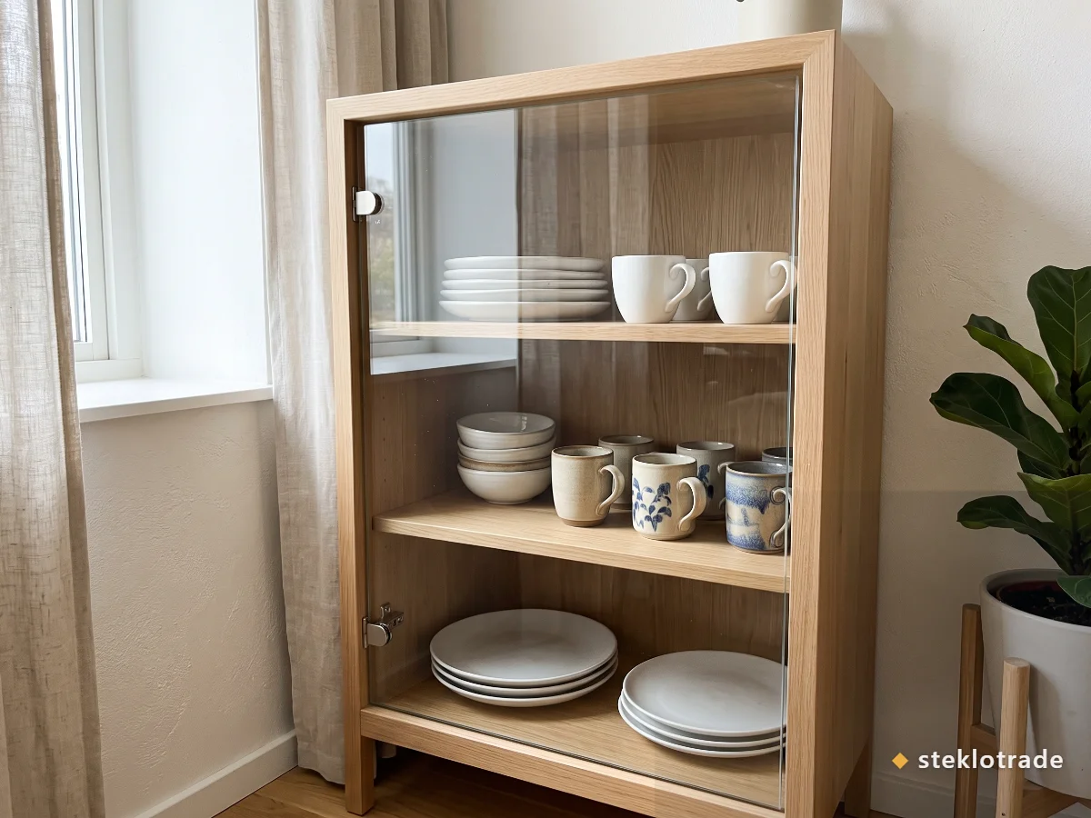 Дверца шкафа-витрины из прозрачного закалённого стекла 4 мм на мебельных петлях, за стеклом посуда